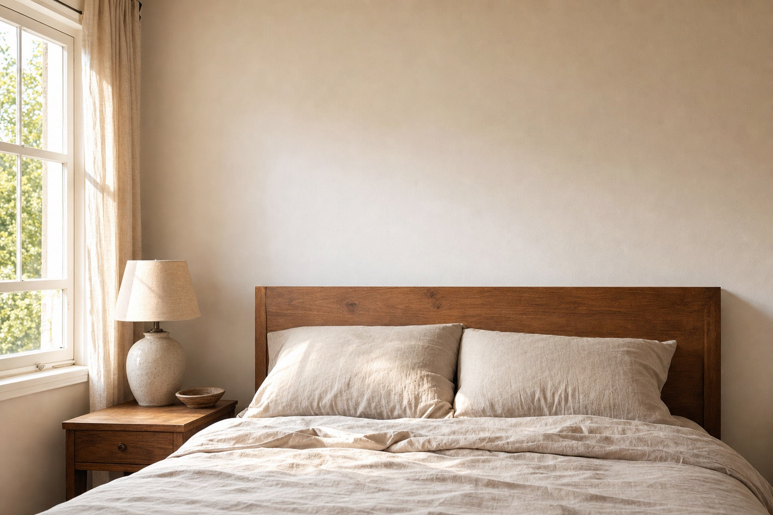 Une chambre chaleureuse : lit en bois, oreillers en lin, lampe en céramique et mur nu au-dessus de la tête de lit.