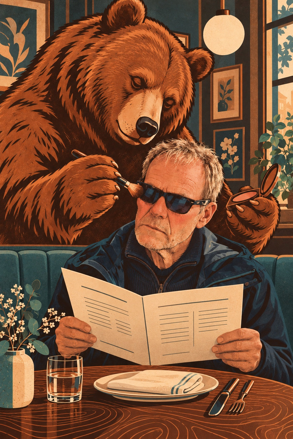 Exemple DailyLama : un ours maquille un homme qui lit la carte, dans un restaurant.