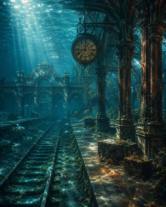 Gare ancienne immergée sous l’océan, avec poissons nageant entre les rails et lumière descendant de la surface.