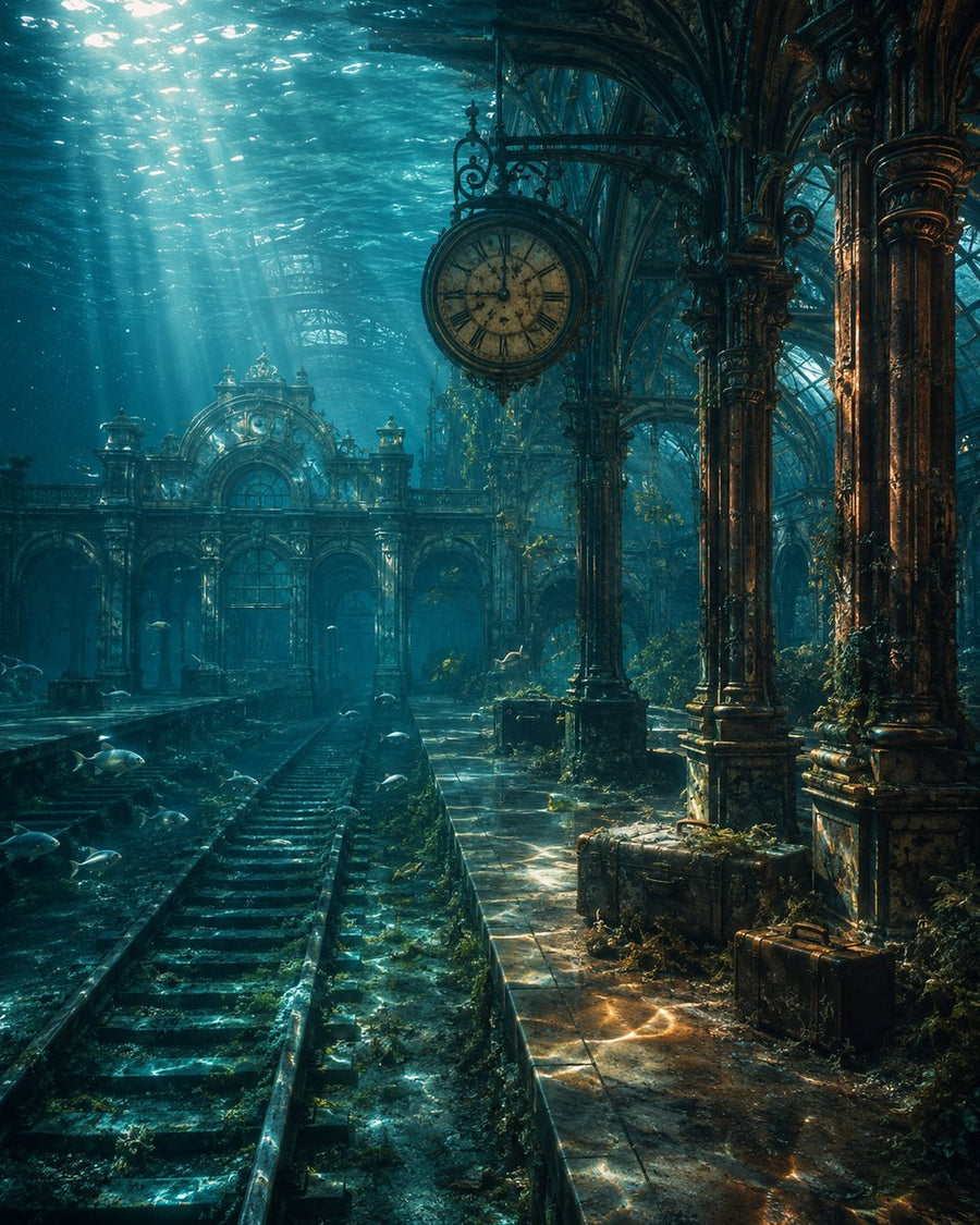 Gare ancienne immergée sous l’océan, avec poissons nageant entre les rails et lumière descendant de la surface.
