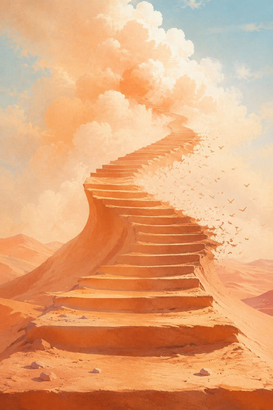 Escalier monumental de sable montant dans des nuages pêche au-dessus d’un désert.