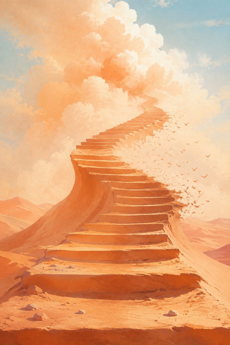 Escalier monumental de sable montant dans des nuages pêche au-dessus d’un désert.