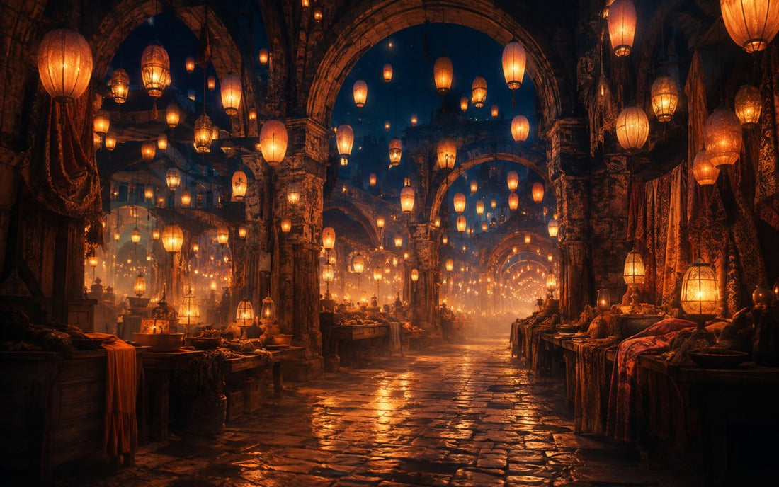 Marché nocturne sous des arcades, rempli de lanternes ambrées flottantes.