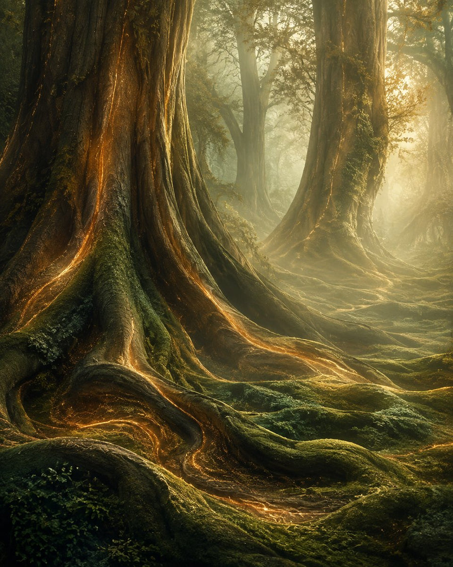 Forêt ancienne brumeuse dont les racines ondulent et dont l’écorce diffuse des lueurs dorées.