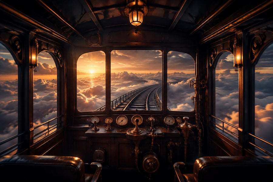 Cabine vide d’un train ancien roulant sur des rails suspendus au-dessus d’une mer de nuages.