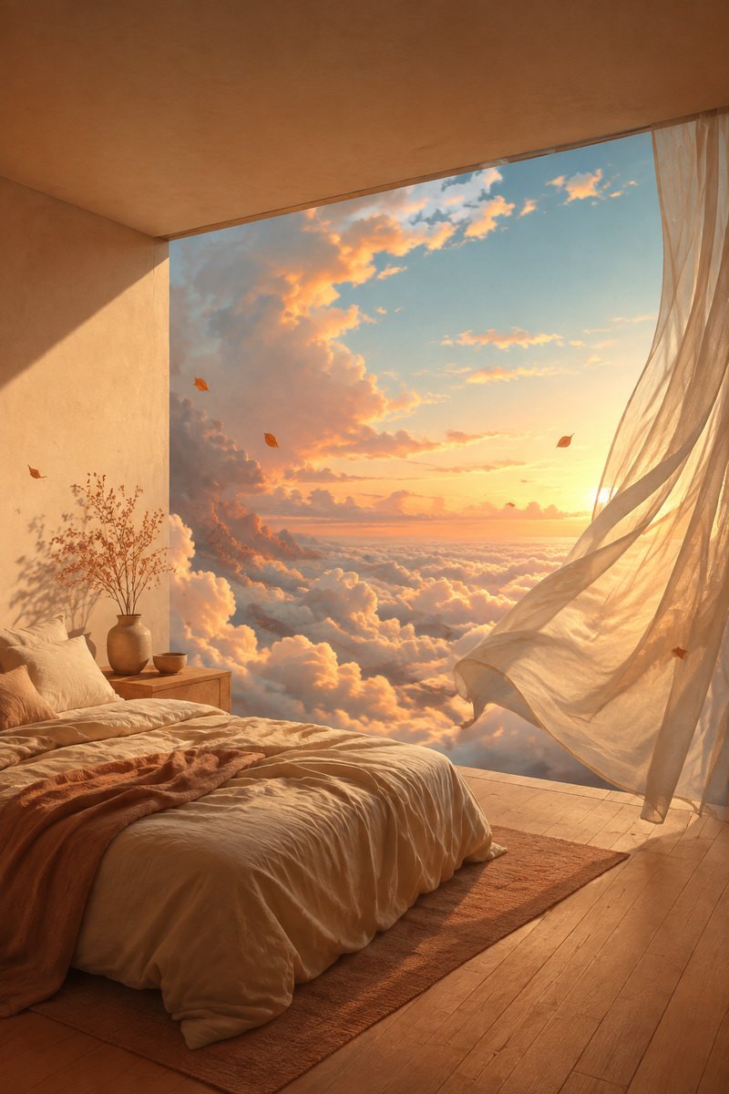 Chambre chaleureuse dont un mur entier est ouvert sur un vaste ciel rempli de nuages.