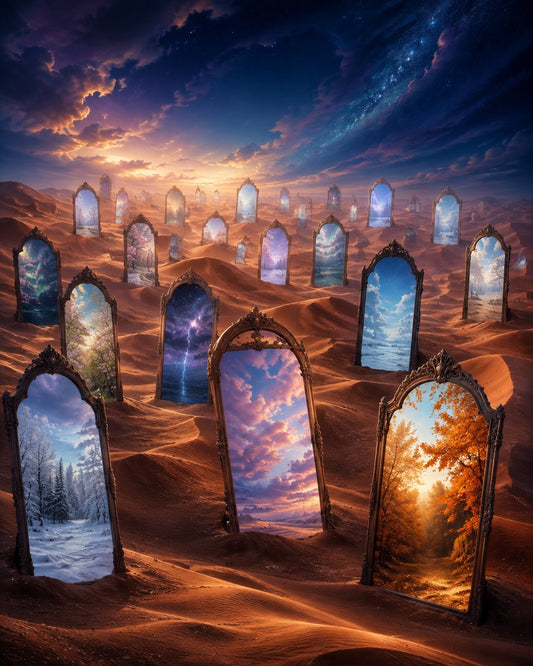 Désert cuivré au crépuscule, traversé par de nombreux miroirs reflétant des ciels différents.