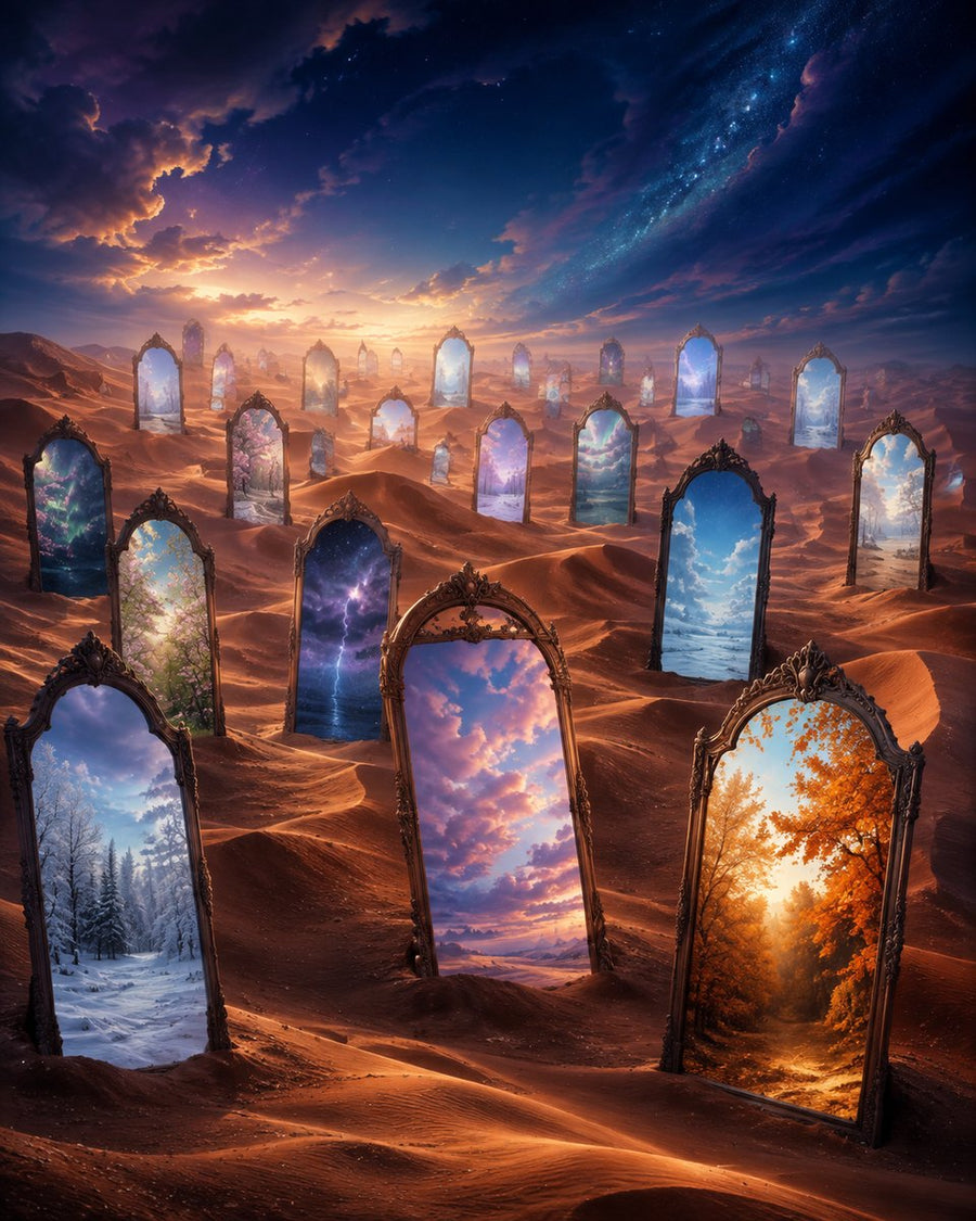 Désert cuivré au crépuscule, traversé par de nombreux miroirs reflétant des ciels différents.