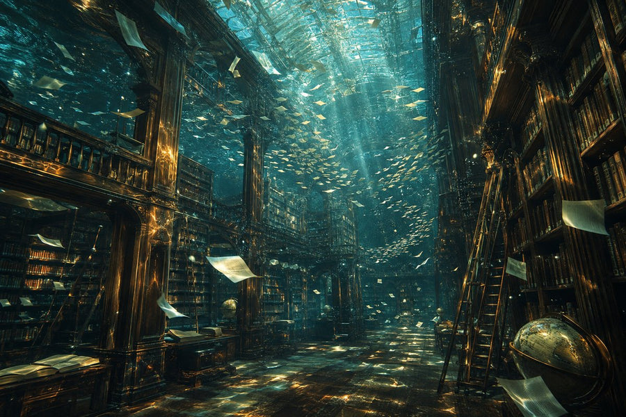 Bibliothèque ancienne immergée, avec pages flottantes et faisceaux de lumière sous l’eau.