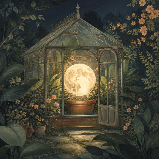 Serre ancienne de nuit contenant une lune lumineuse posée parmi de grandes plantes.