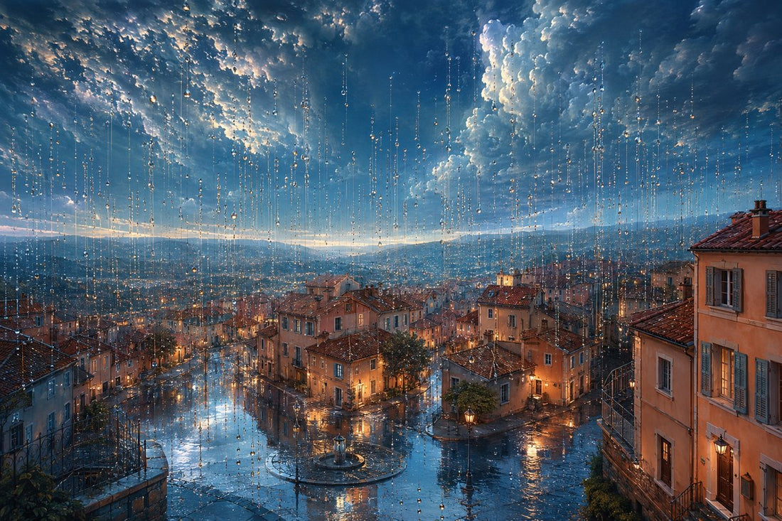 Ville aux toits de tuiles où des milliers de gouttes lumineuses remontent vers le ciel.
