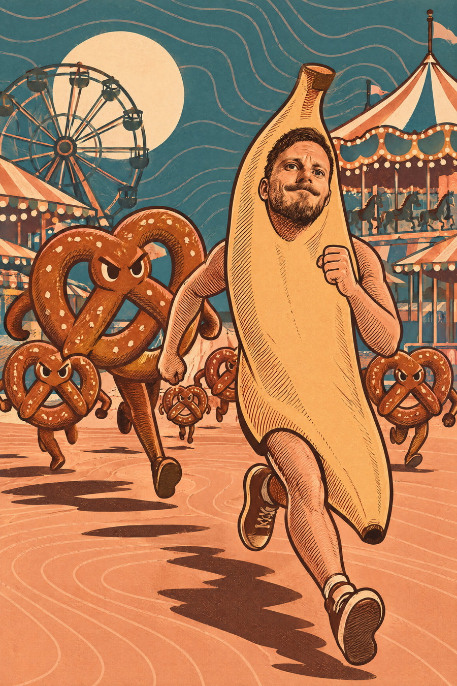 Illustration de rêve : Je rêve que je suis une banane poursuivie par des bretzels dans une fête foraine