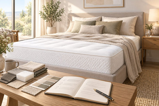 Chambre lumineuse avec un lit et une literie neutre