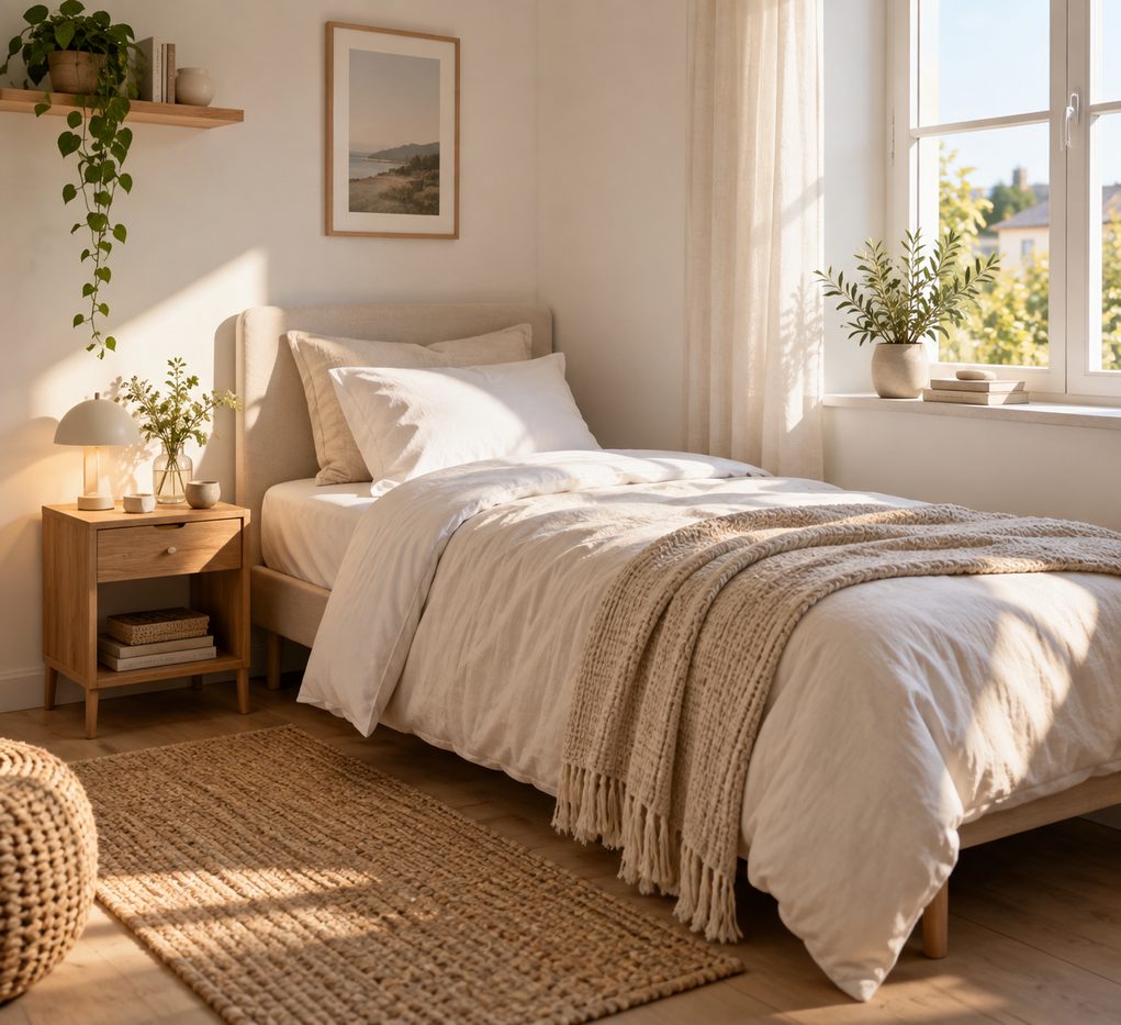 Lit une personne équipé d’un matelas 90x190 dans une chambre lumineuse.
