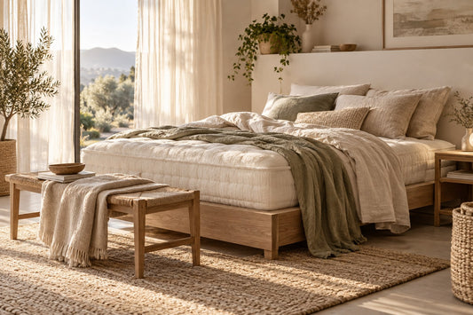 Chambre calme avec lit confortable et matières naturelles pour un guide de choix de matelas