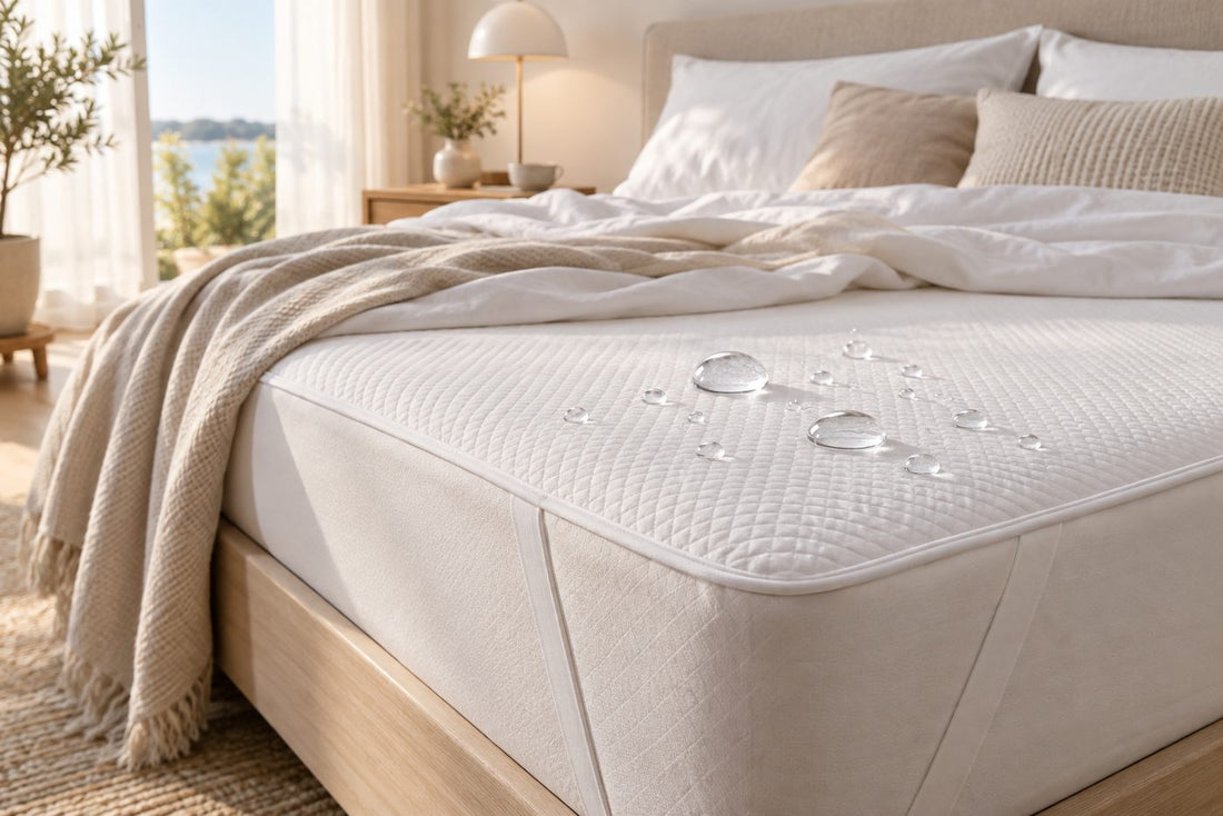 Lit propre équipé d’un protège-matelas sous un drap-housse en coton.