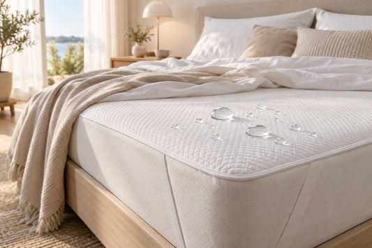Lit propre équipé d’un protège-matelas sous un drap-housse en coton.