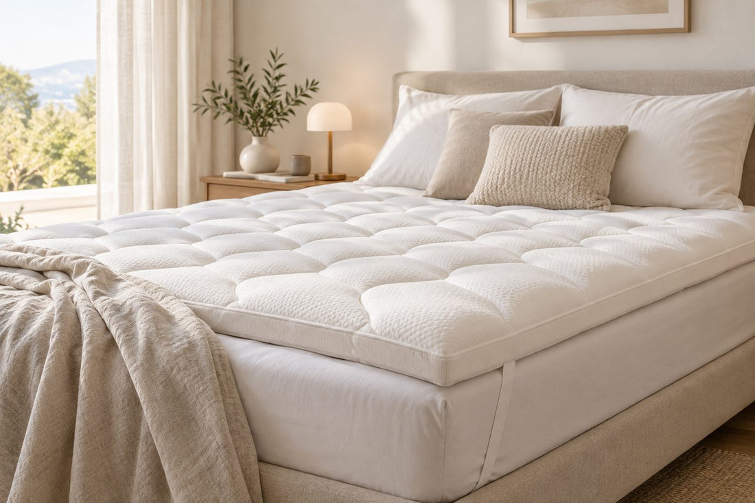 Lit préparé avec un surmatelas dans une chambre aux tons naturels.