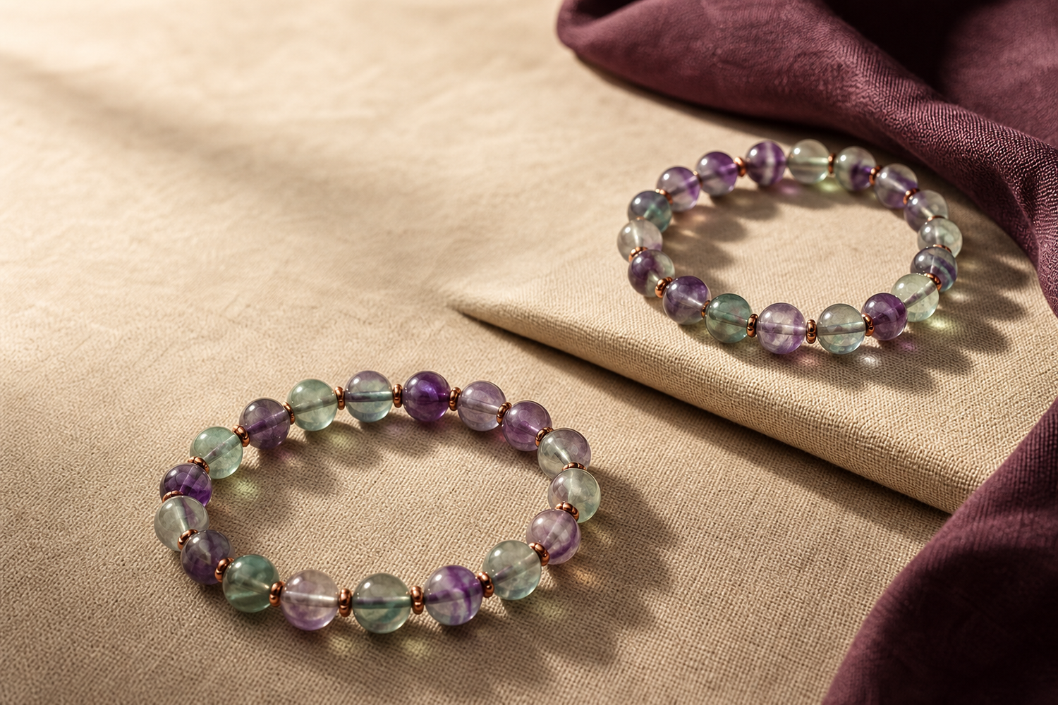 Bracelets en fluorite verte et violette, faits main
