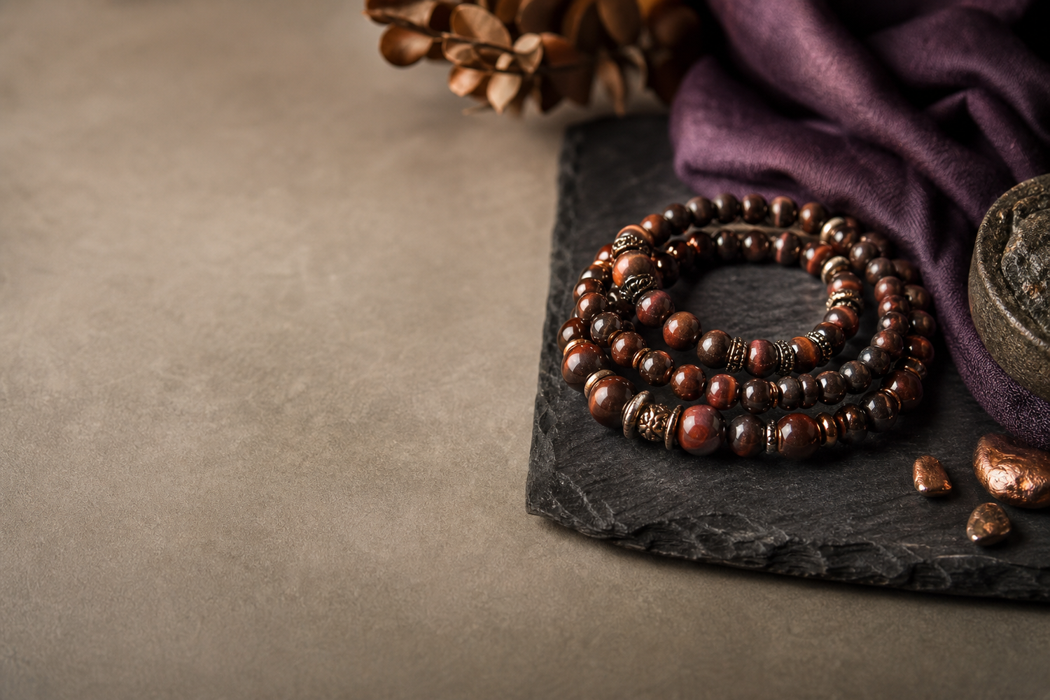 Bracelets en oeil de taureau rouge-brun, faits main