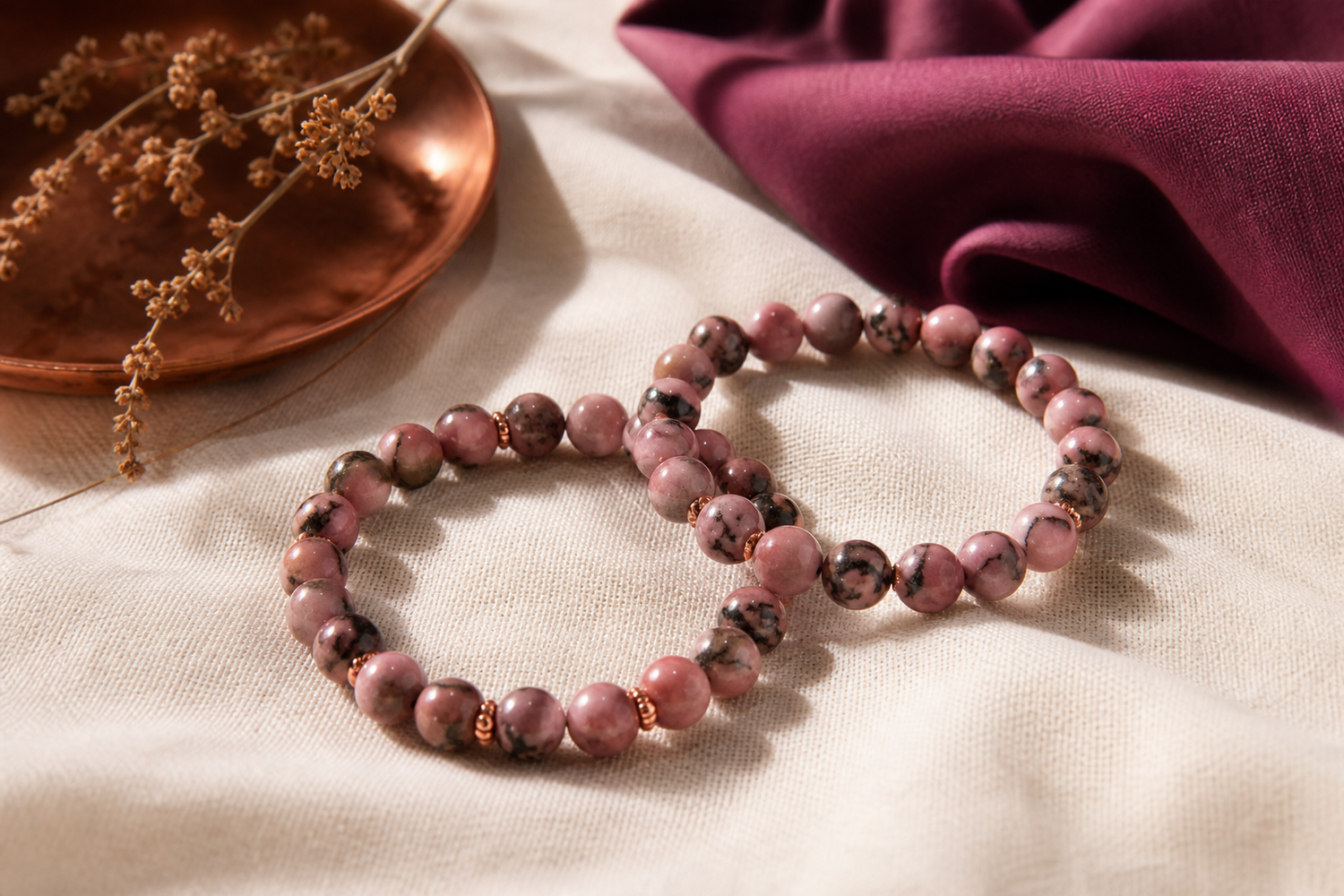 Bracelets en rhodonite rose veinee de noir, faits main