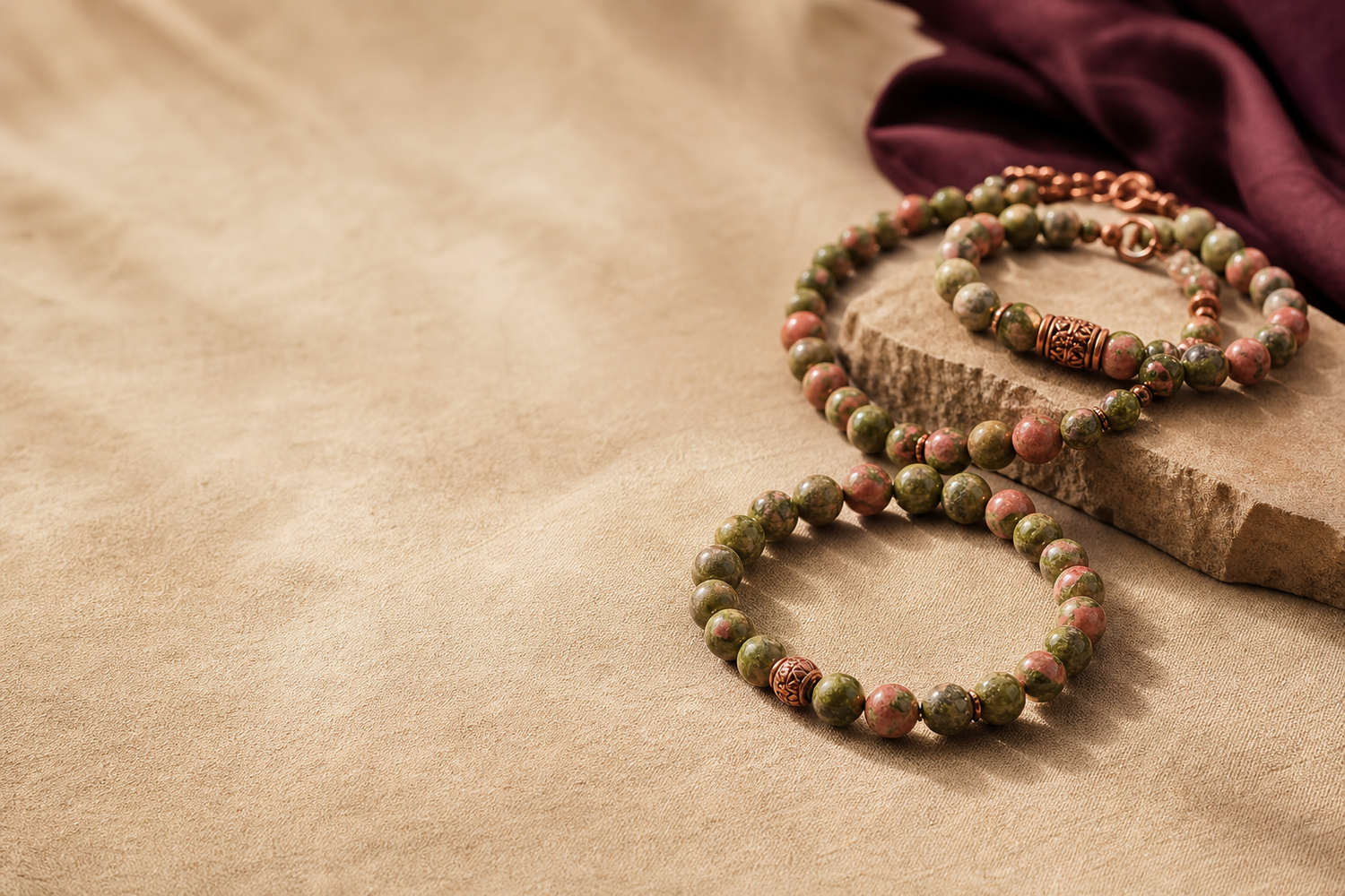 Bracelets en unakite naturelle vert et rose, faits main
