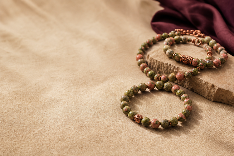 Bracelets en unakite naturelle vert et rose, faits main