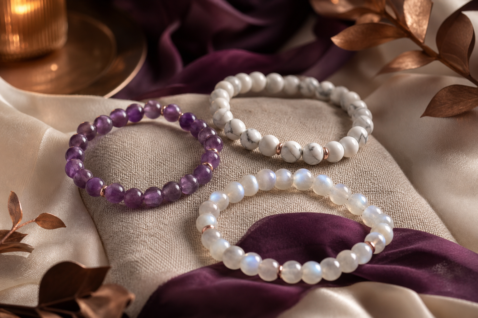 Pack Sommeil : 3 bracelets amethyste, howlite, pierre de lune, faits main