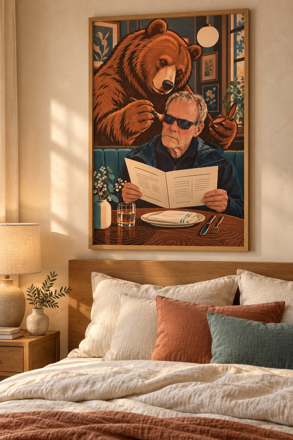L’affiche de vos rêves — exemple encadré au-dessus d’un lit (cadre décoratif non inclus)