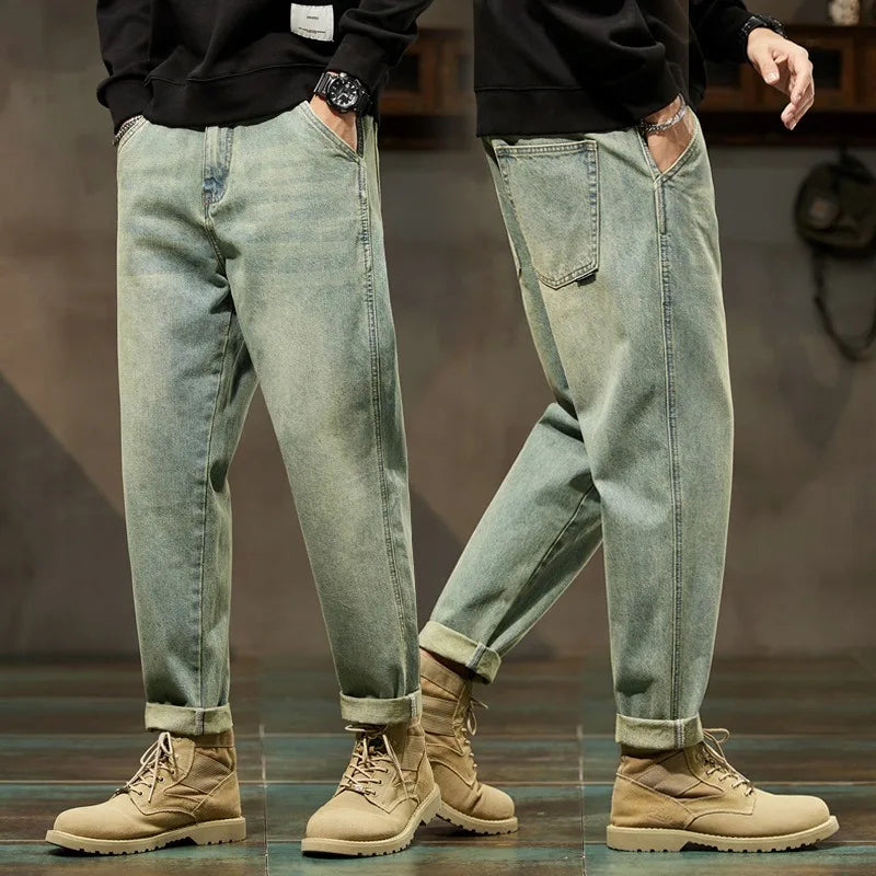 Jean ample homme coupe carotte, denim kaki délavé
