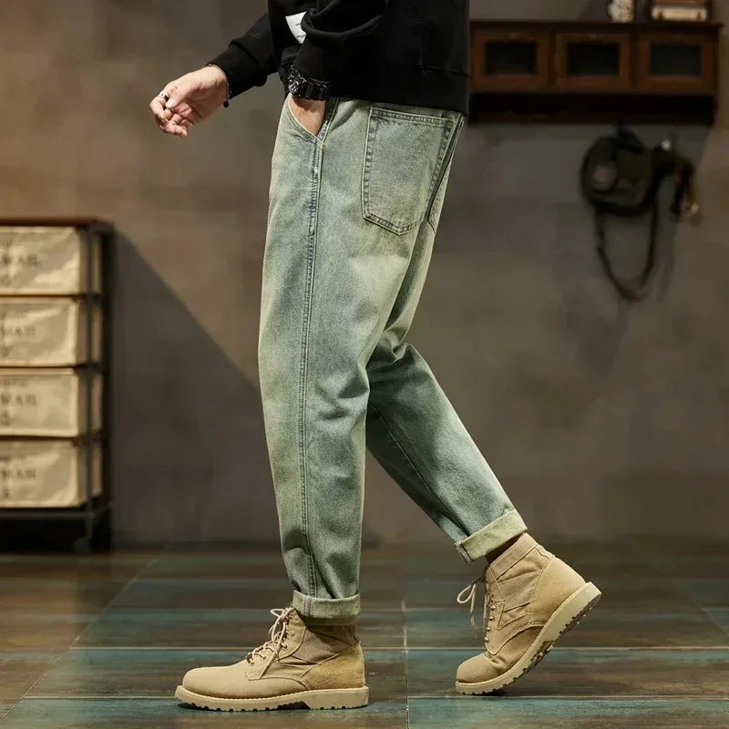 Jean ample homme coupe carotte, denim kaki délavé