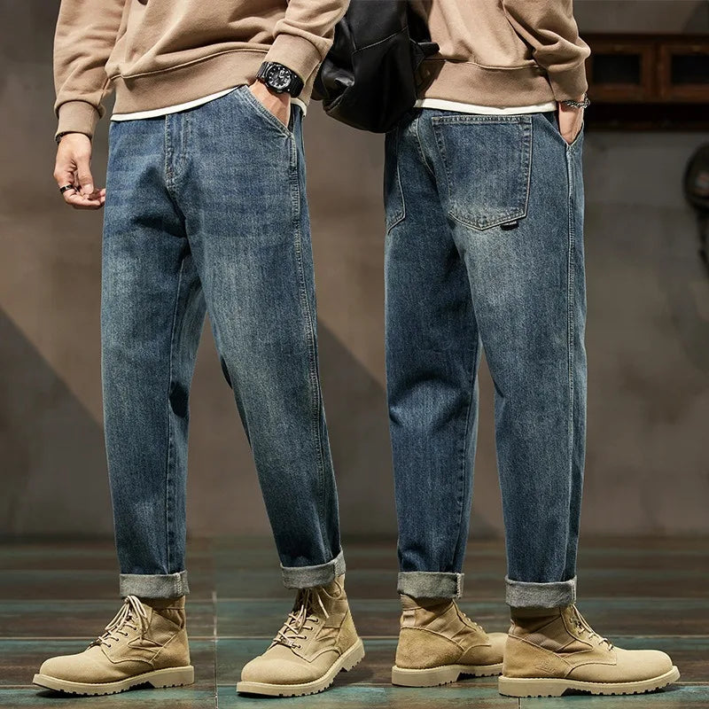 Jean ample homme coupe carotte, denim kaki délavé