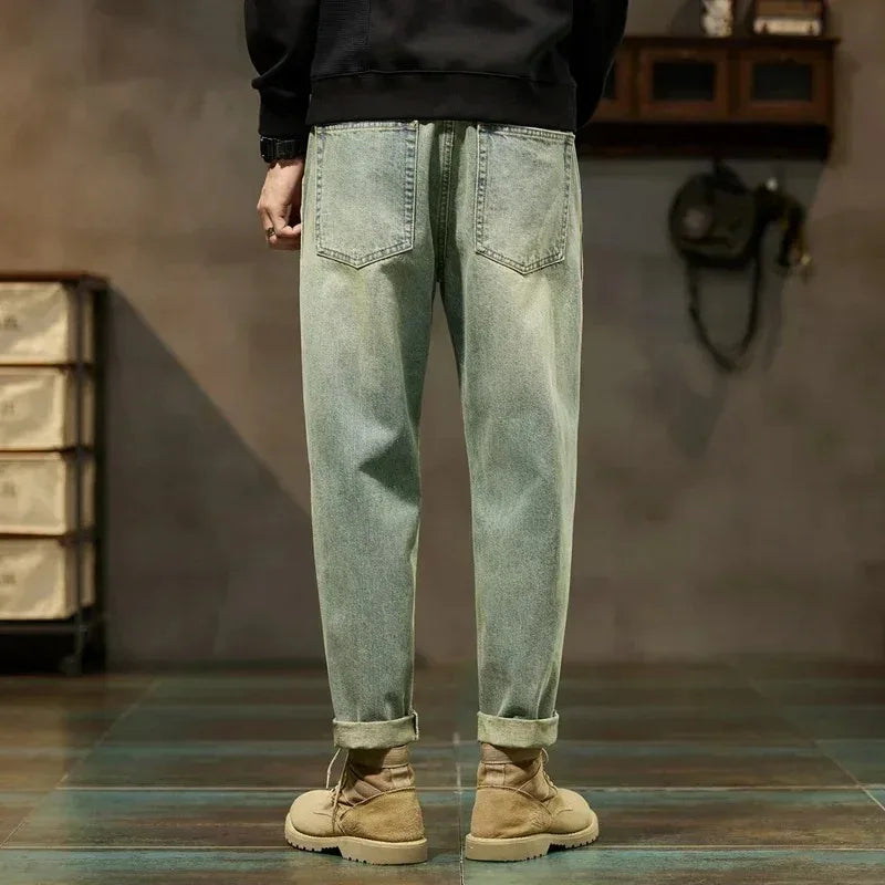 Jean ample homme coupe carotte, denim kaki délavé