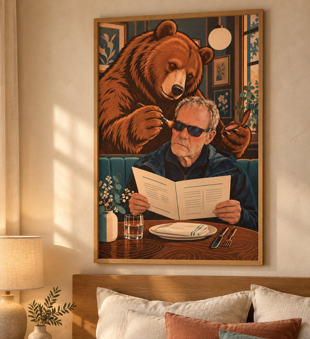 L’affiche encadrée au-dessus d’un lit, dans une chambre aux tons bois et lin.