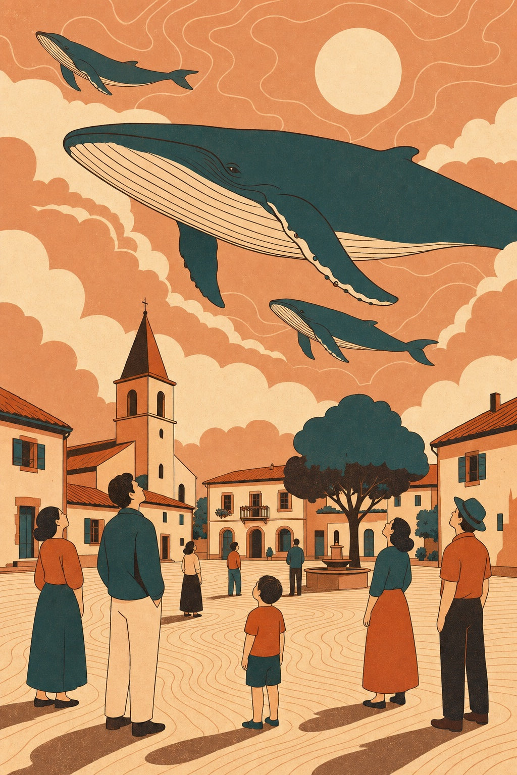 Exemple DailyLama : trois baleines nagent dans le ciel au-dessus d’une place de village où les gens lèvent les yeux.