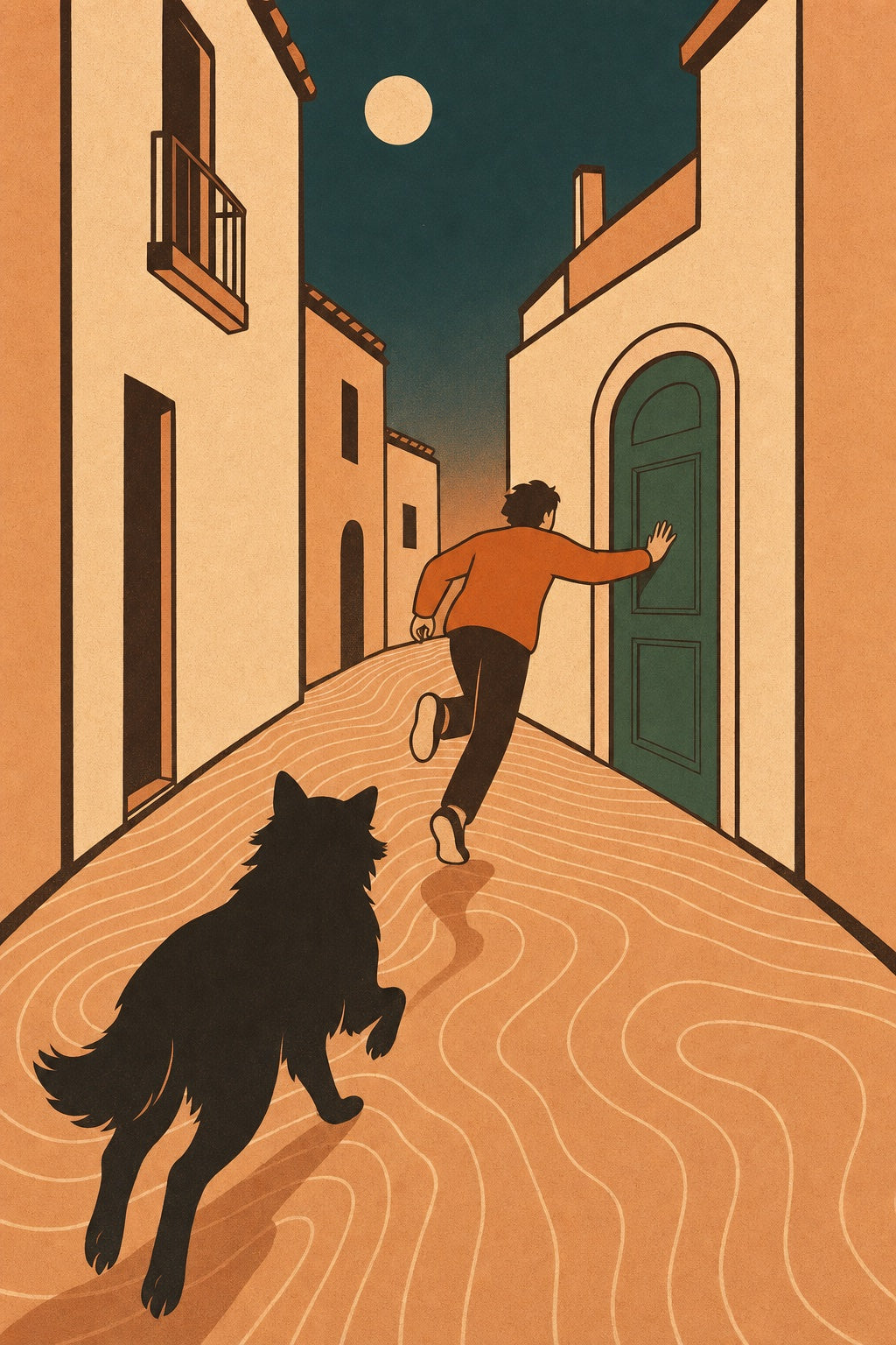 Exemple DailyLama : un homme court vers une porte verte dans une rue vide, la nuit, un chien noir derrière lui.