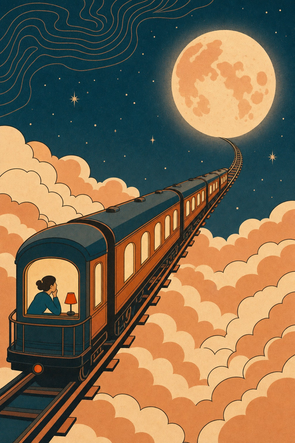 Exemple DailyLama : un train de nuit roule au-dessus des nuages vers une lune énorme, une voyageuse à la fenêtre.