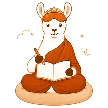 Le lama DailyLama, assis, notant un rêve dans son carnet