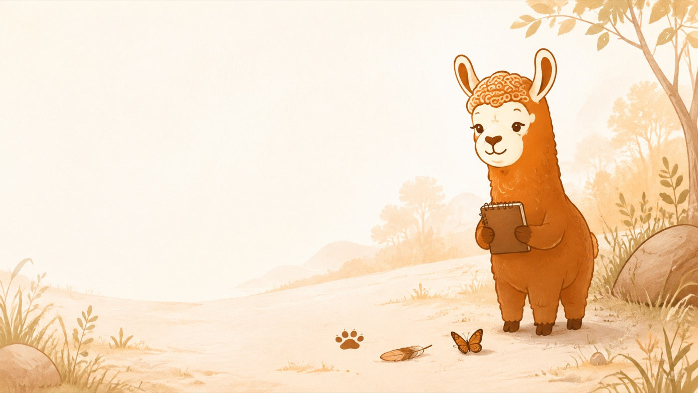 Le lama DailyLama, carnet en main, dans une clairière claire
